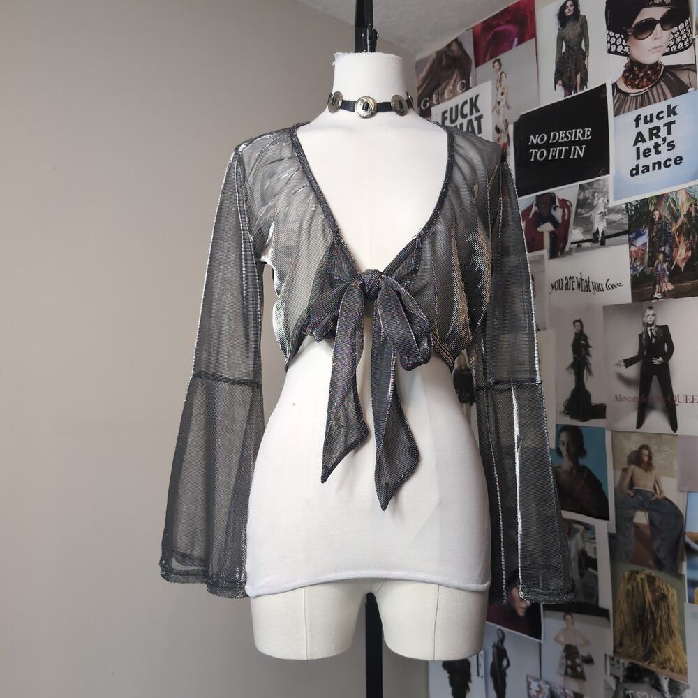Metallic Sheer Bell Sleeve Tie Front Cardigan